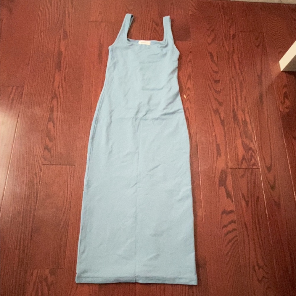 Babaton Blue Bodycon Midi Dress Square Neck Sleeveless